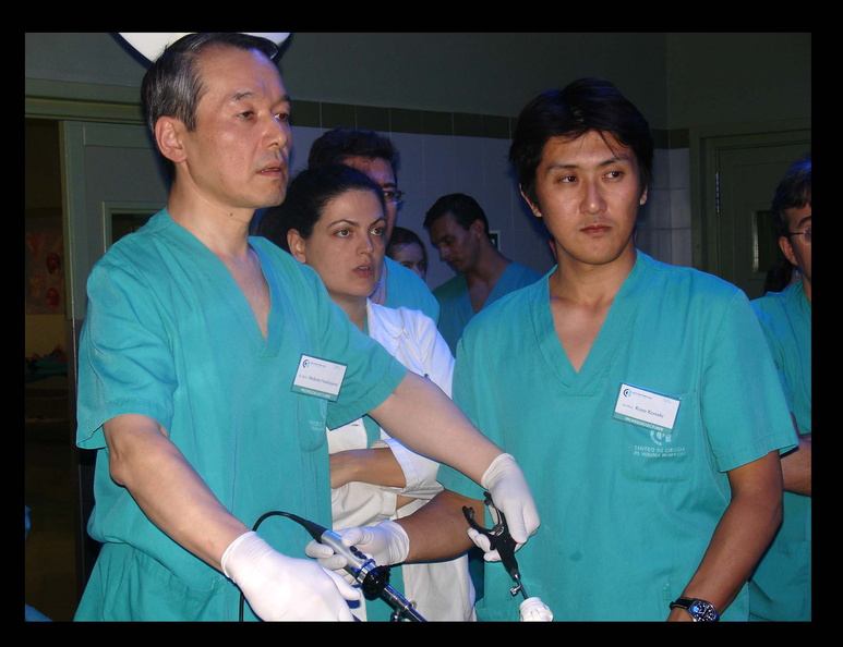 
                                    Los doctores M. Hashizume y K. Konishi (Japón), llevando a cabo una demostración de sutura laparoscópica durante el Curso de Aprendizaje de Suturas Laparoscópicas (2005)
                            